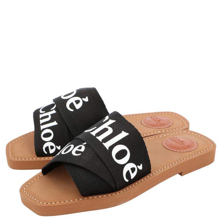 Pre Owned Chloe Black Canvas 'Woody' Logo Print Strap Sandals Size 36