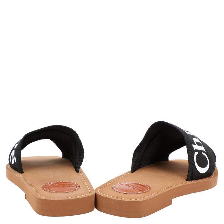 Pre Owned Chloe Black Canvas 'Woody' Logo Print Strap Sandals Size 36