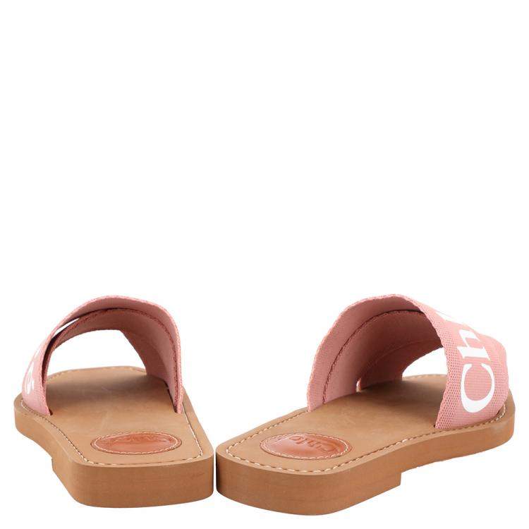 Pre Owned Chloe Light Pink Canvas 'Woody' Logo Print Strap Sandals Size 35
