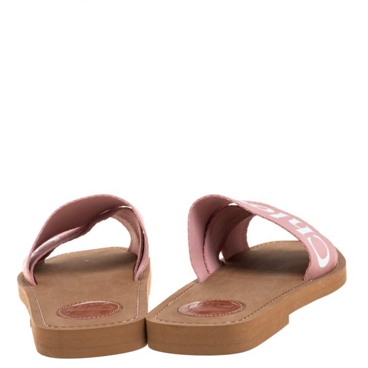 Pre Owned Chloe Pink Canvas Logo Ribbon Woody Flat Slide Sandals Size 39