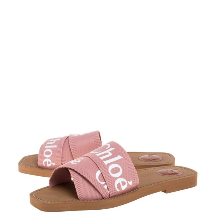 Pre Owned Chloe Pink Canvas Logo Ribbon Woody Flat Slide Sandals Size 39