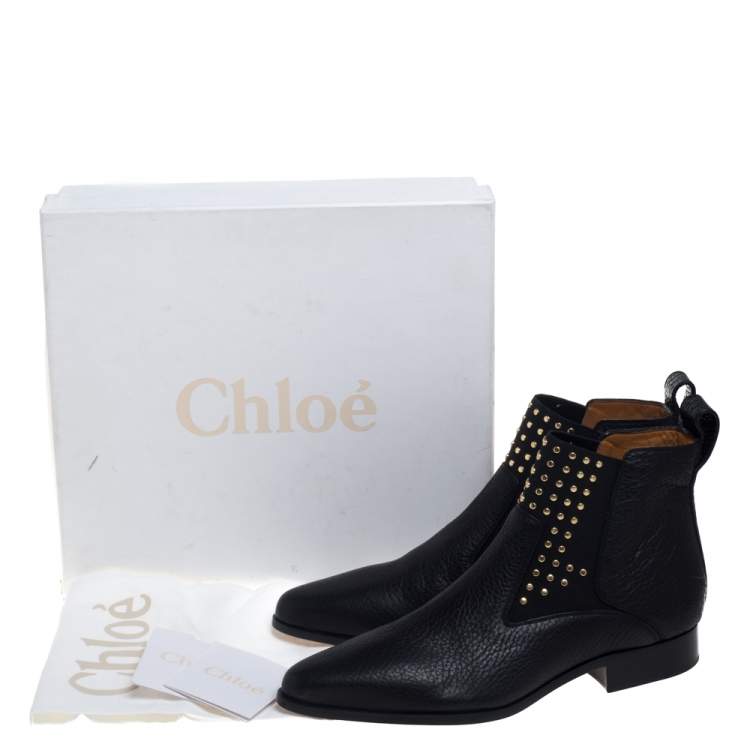 Pre Owned Chloe Black Leather Studded Ankle Boots Size 40