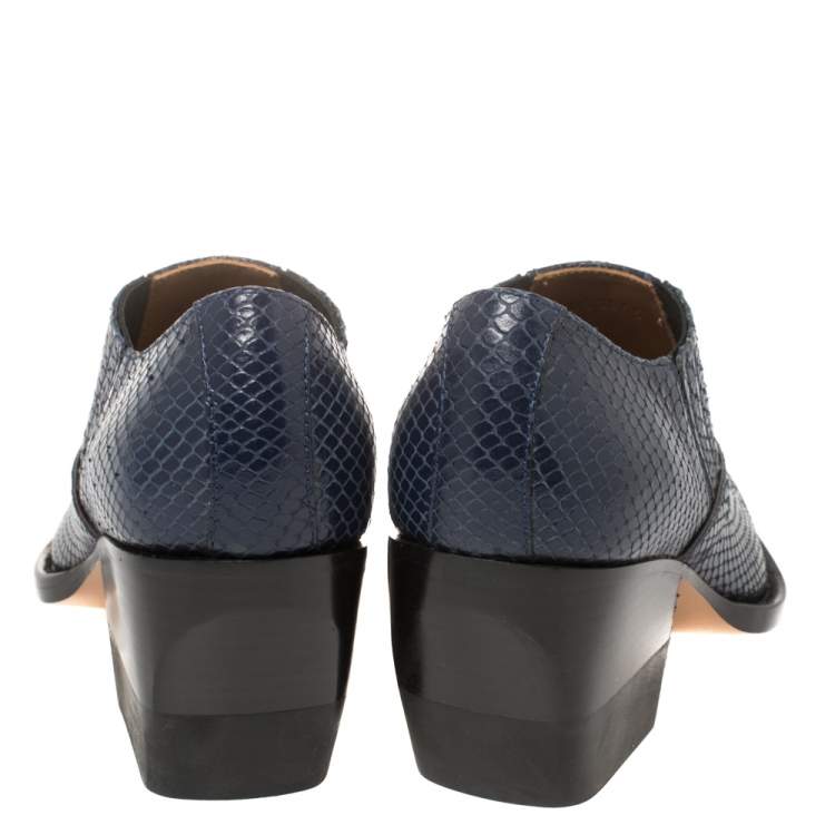 Pre Owned Chloe Blue Snake Embossed Leather Block Heel Ankle Booties Size 37