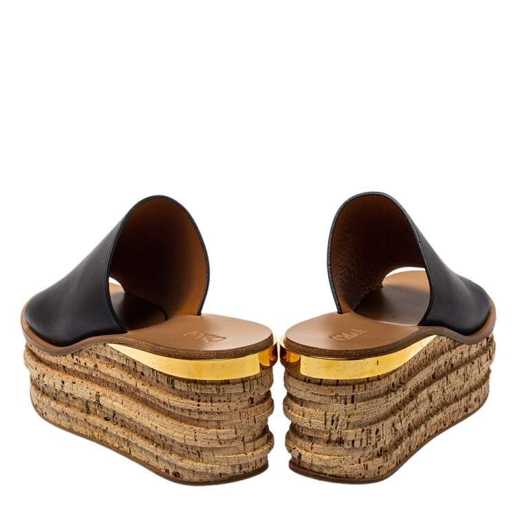 Pre Owned Chloé Black Leather Wedge Mules Sandals Size 38