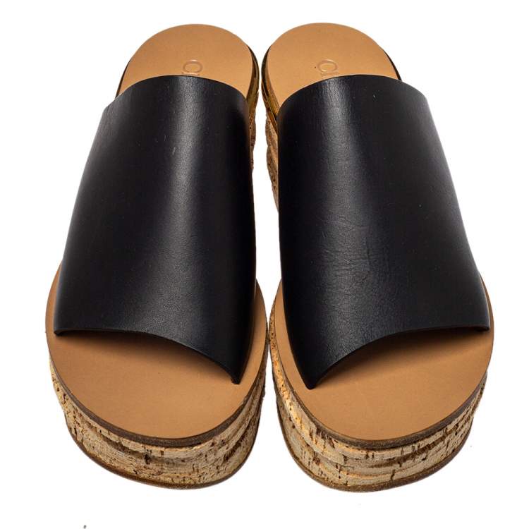 Pre Owned Chloé Black Leather Wedge Mules Sandals Size 38