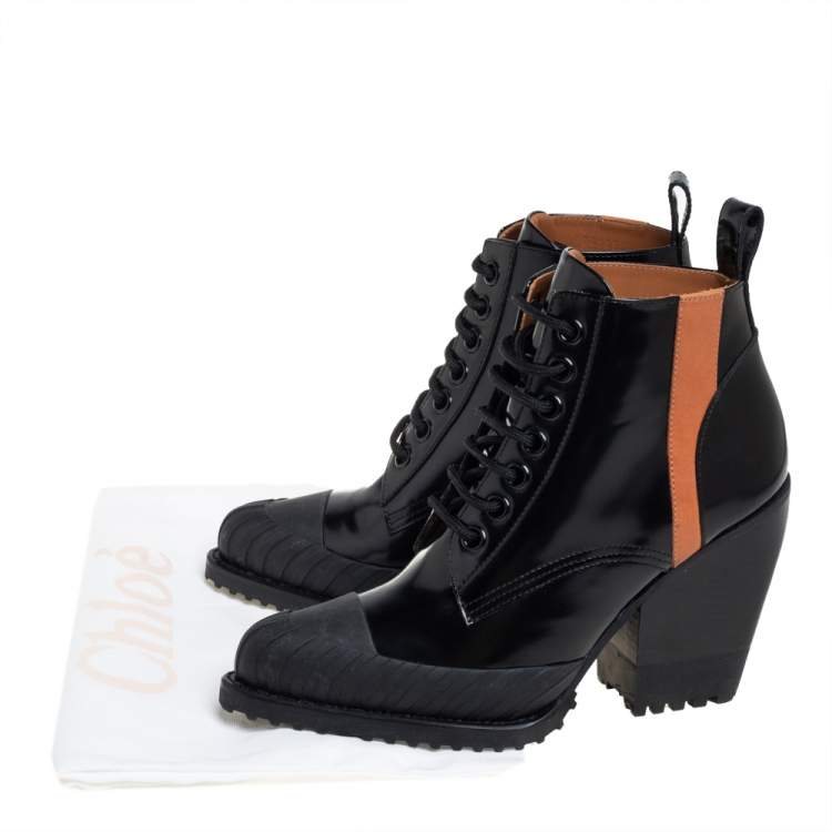 Pre Owned Chloé Black Leather And Rylee Rubber Cap Toe Lace Up Ankle Boots Size  40