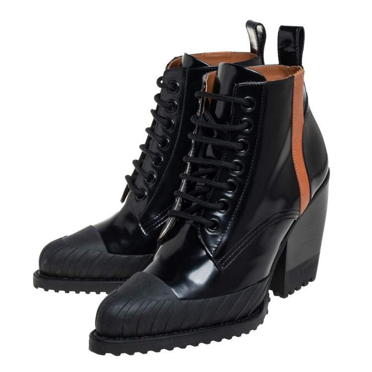 Pre Owned Chloé Black Leather And Rylee Rubber Cap Toe Lace Up Ankle Boots Size  40