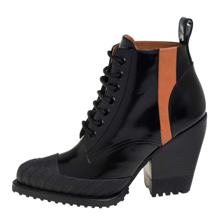 Pre Owned Chloé Black Leather And Rylee Rubber Cap Toe Lace Up Ankle Boots Size  40