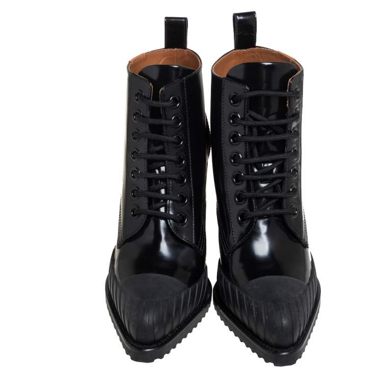Pre Owned Chloé Black Leather And Rylee Rubber Cap Toe Lace Up Ankle Boots Size  40