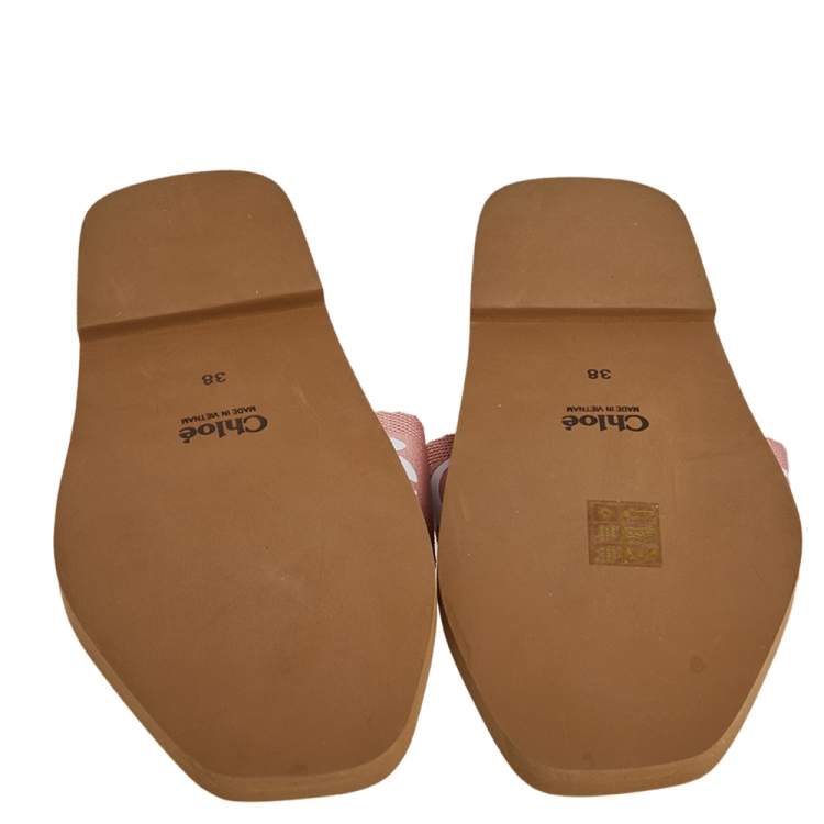 Pre Owned Chloe Pink Fabric Woody Logo Flat Slides Size 38