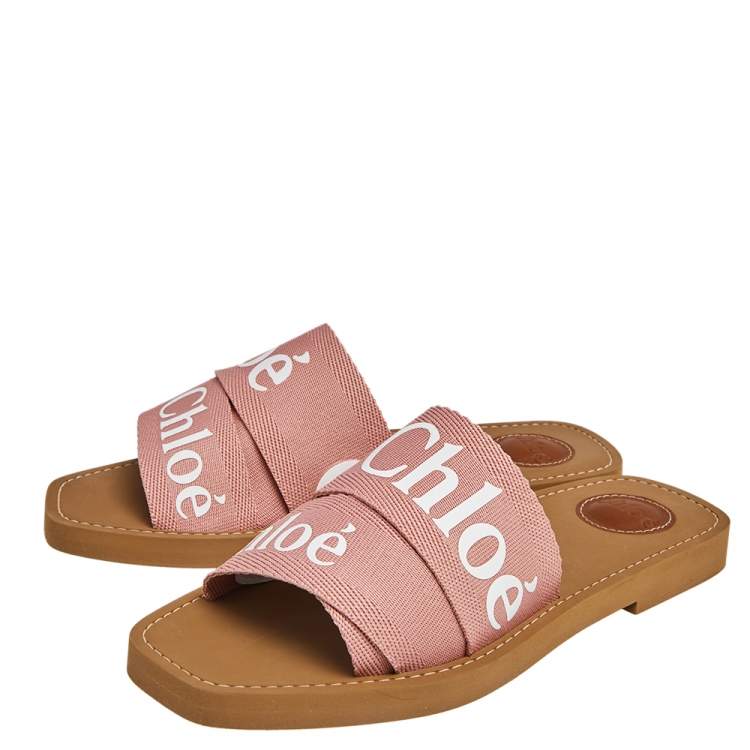 Pre Owned Chloe Pink Fabric Woody Logo Flat Slides Size 38