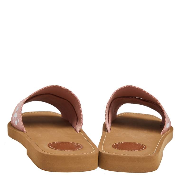 Pre Owned Chloe Pink Fabric Woody Logo Flat Slides Size 38