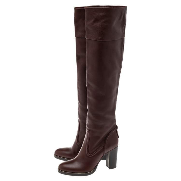 Pre Owned Chloe Burgundy Leather Emma Over The Knee Boots Size 38