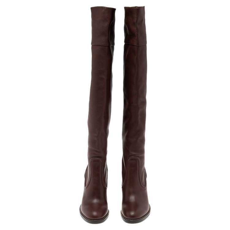 Pre Owned Chloe Burgundy Leather Emma Over The Knee Boots Size 38