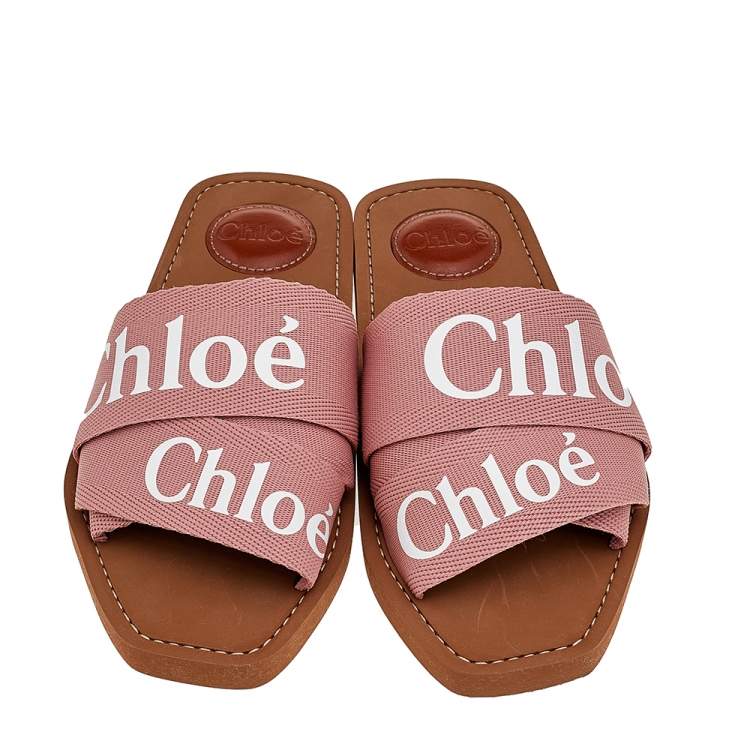 Pre Owned Chloe Pink Canvas Logo Woody Slide Sandals Size 36