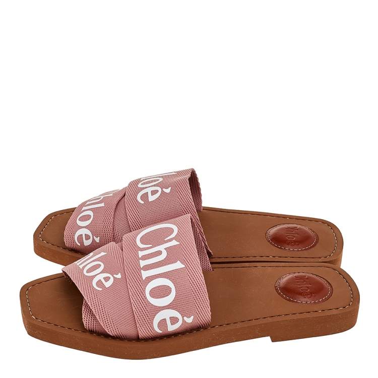 Pre Owned Chloe Pink Canvas Logo Woody Slide Sandals Size 36