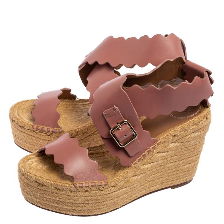 Pre Owned Chloe Pink Scalloped Leather Lauren Espadrille Wedge Sandals Size 39