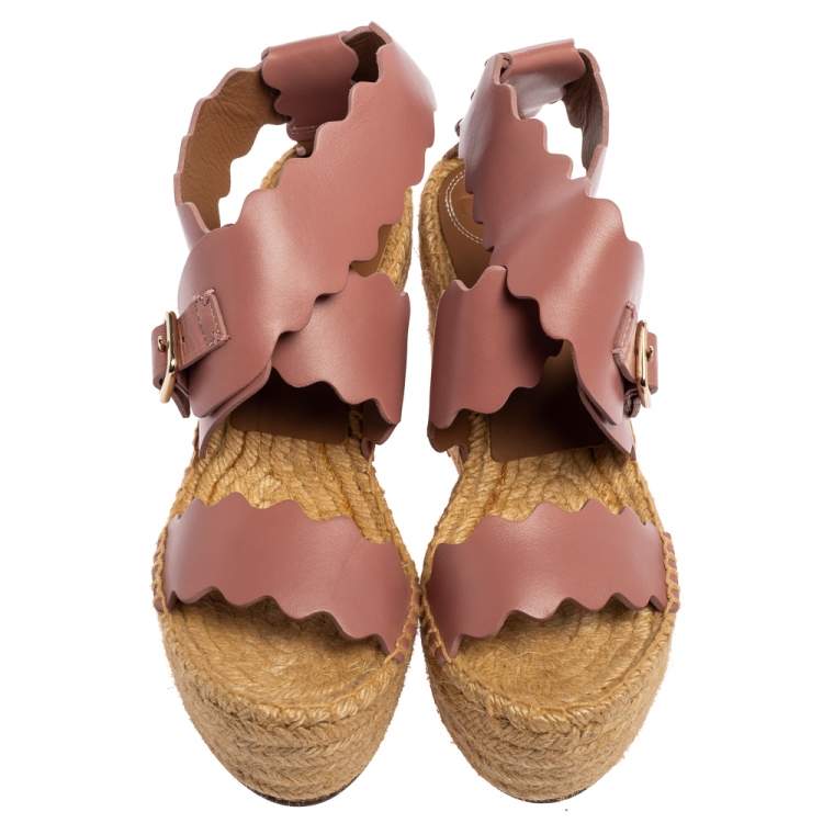Pre Owned Chloe Pink Scalloped Leather Lauren Espadrille Wedge Sandals Size 39
