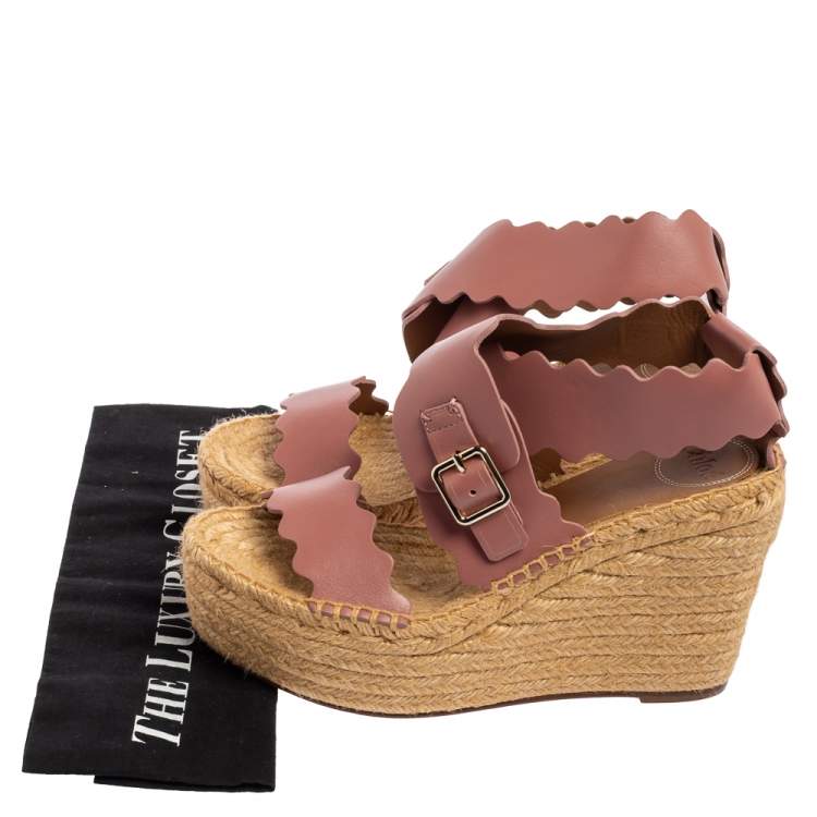 Pre Owned Chloe Pink Scalloped Leather Lauren Espadrille Wedge Sandals Size 39