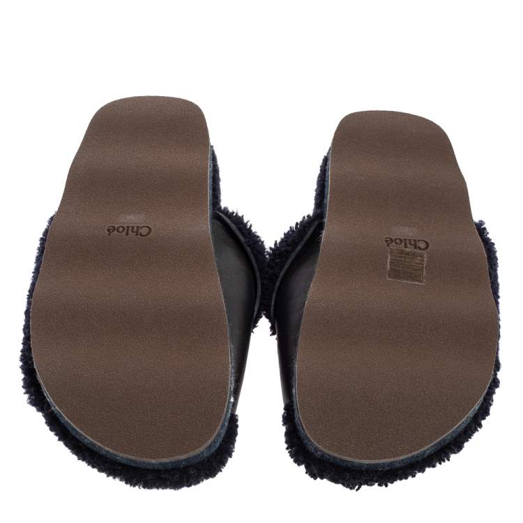 Pre Owned Chloe Navy Blue/Black Shearling Fur and Leather Platform Flat Slides Size 38