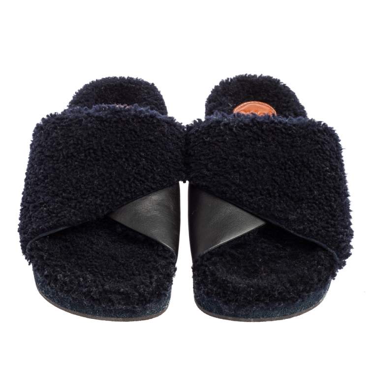 Pre Owned Chloe Navy Blue/Black Shearling Fur and Leather Platform Flat Slides Size 38