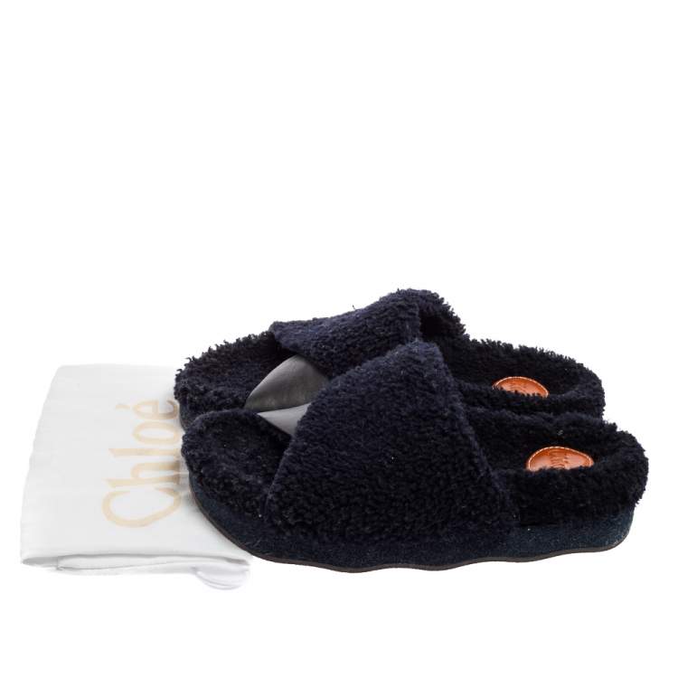 Pre Owned Chloe Navy Blue/Black Shearling Fur and Leather Platform Flat Slides Size 38