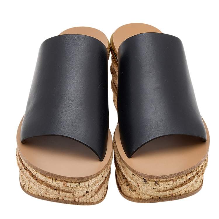 Pre Owned Chloe Black Leather Cork Wedge Platform Slide Sandals Size 39