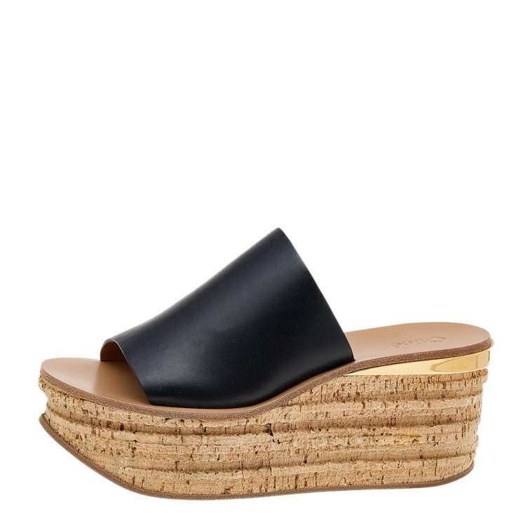 Pre Owned Chloe Black Leather Cork Wedge Platform Slide Sandals Size 39