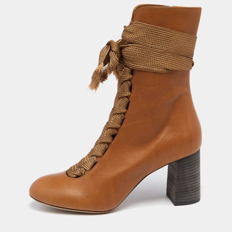 Chloe Brown Leather Harper Block Heel Ankle Boots Size 38 Chloe The Luxury Closet