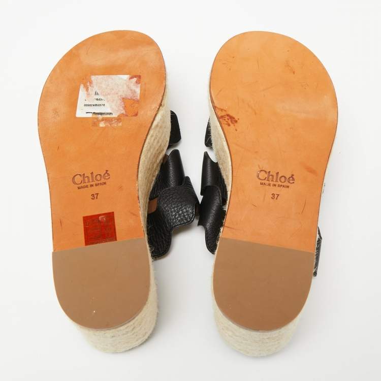 Pre Owned Chloe Black Suede Leather Espadrille Platform Slide Sandals Size 37