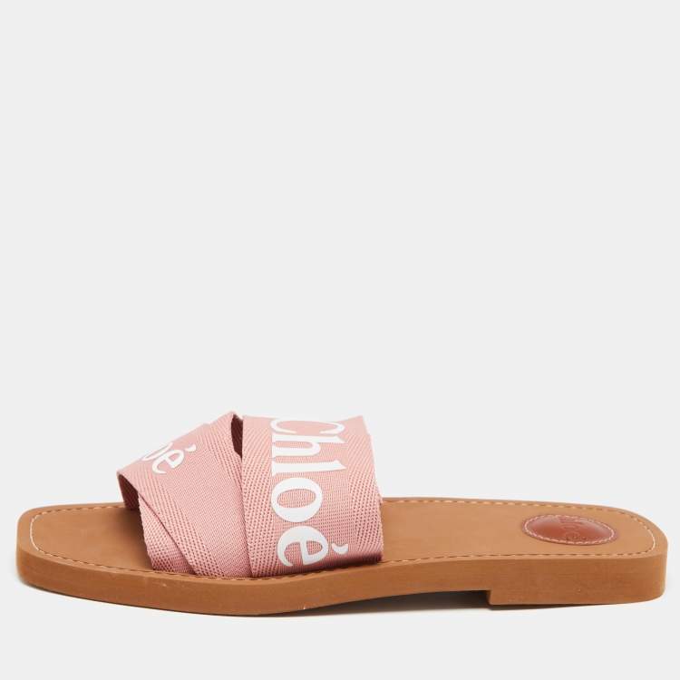 Pre Owned Chloe Pink Canvas Logo Ribbon Woody Flat Slide Sandals Size 40