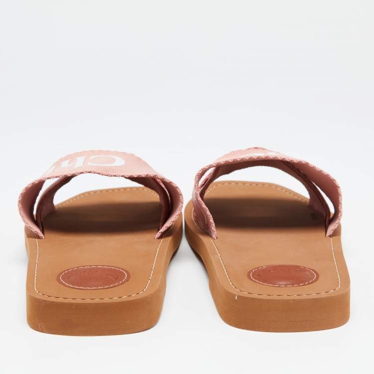 Pre Owned Chloe Pink Canvas Logo Ribbon Woody Flat Slide Sandals Size 40