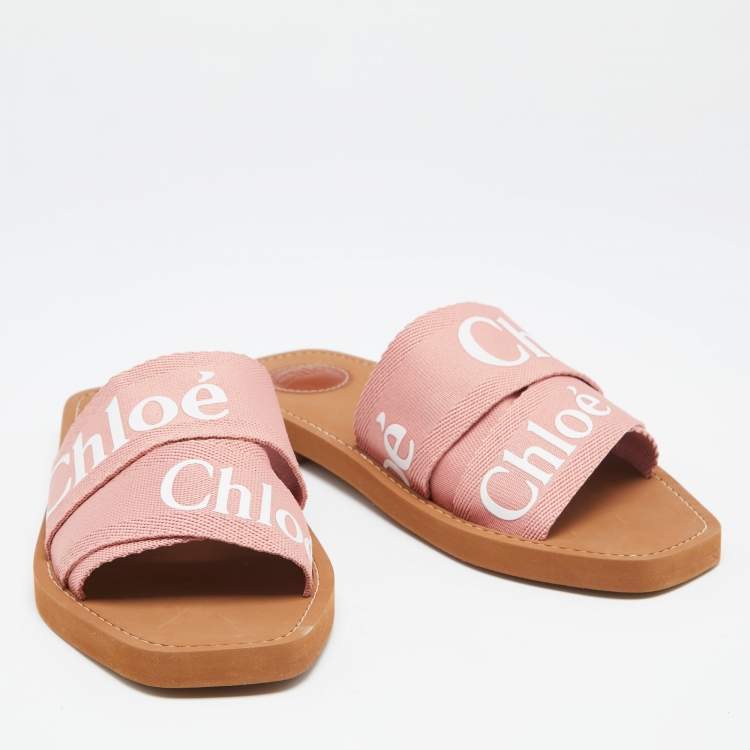 Pre Owned Chloe Pink Canvas Logo Ribbon Woody Flat Slide Sandals Size 40