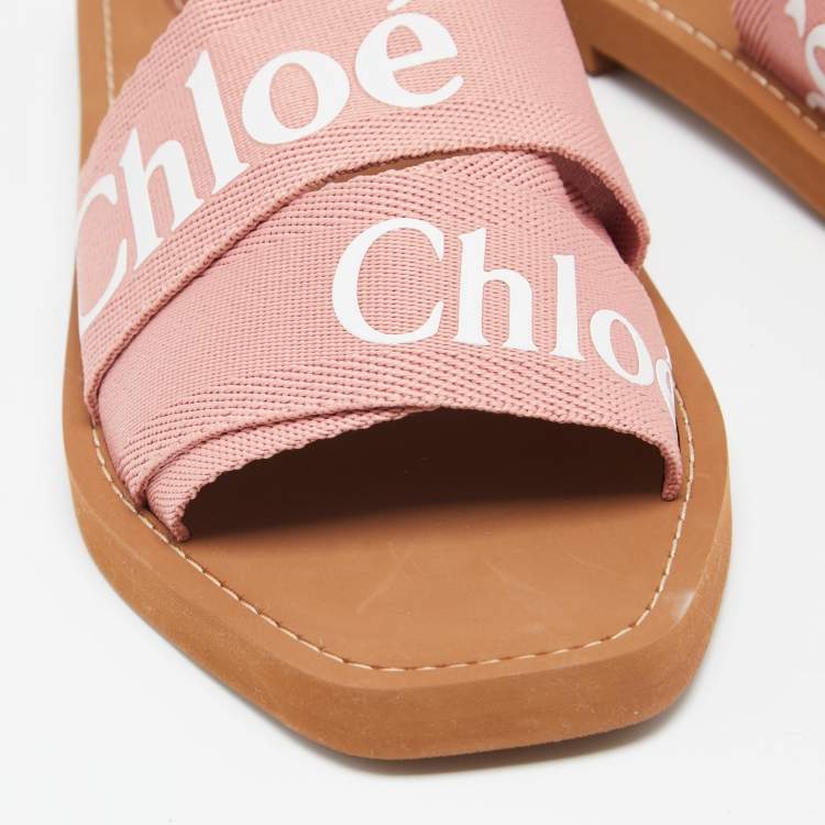 Pre Owned Chloe Pink Canvas Logo Ribbon Woody Flat Slide Sandals Size 40