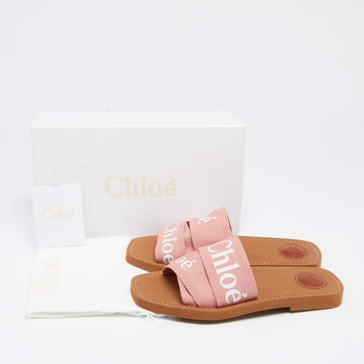 Pre Owned Chloe Pink Canvas Logo Ribbon Woody Flat Slide Sandals Size 40