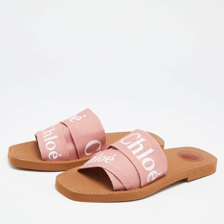 Chloe Pink Canvas Logo Ribbon Woody Flat Slide Sandals Size 40