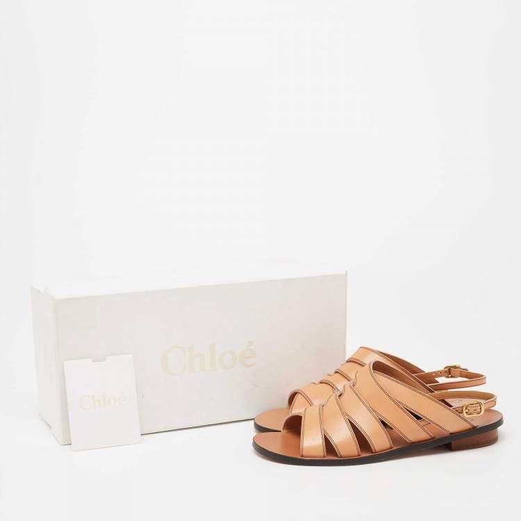 Pre Owned Chloe Tan Strappy Leather Flat Slide Sling Sandals Size 36