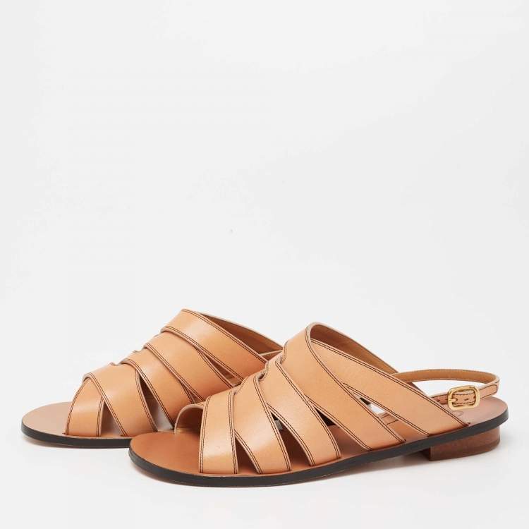 Pre Owned Chloe Tan Strappy Leather Flat Slide Sling Sandals Size 36