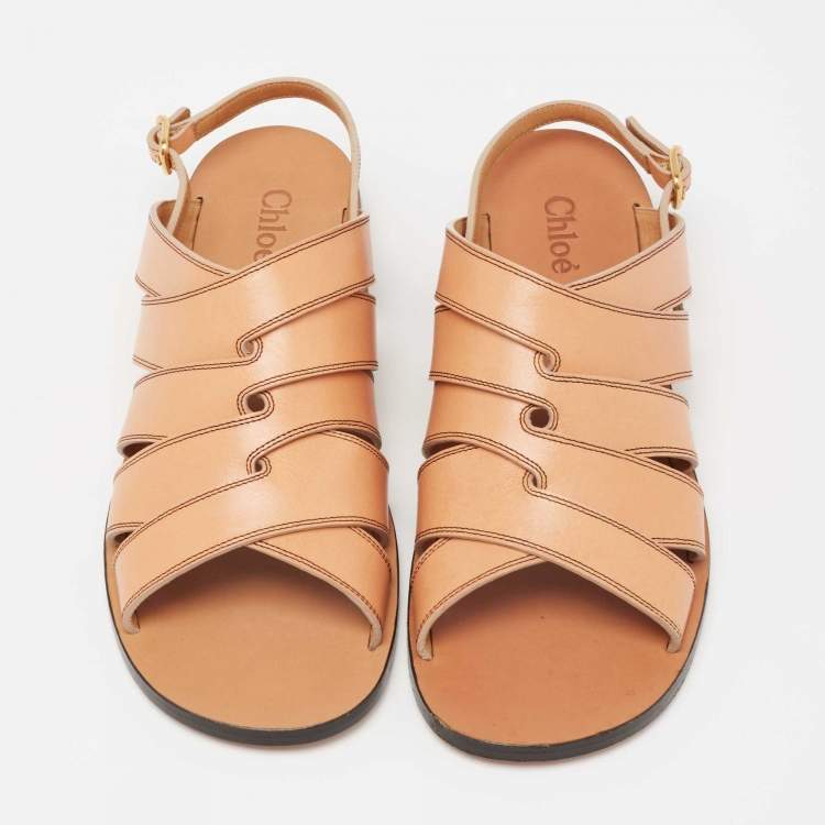 Pre Owned Chloe Tan Strappy Leather Flat Slide Sling Sandals Size 36