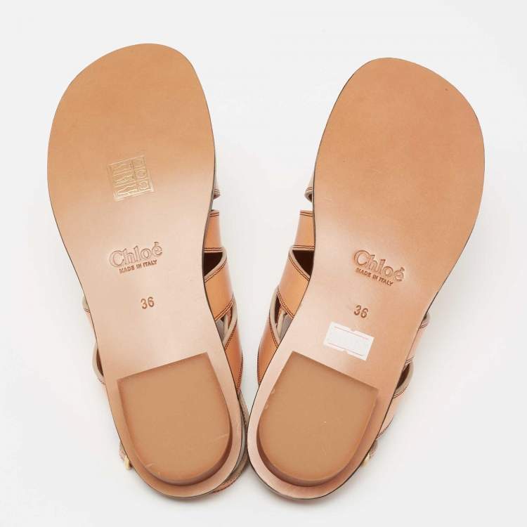 Pre Owned Chloe Tan Strappy Leather Flat Slide Sling Sandals Size 36