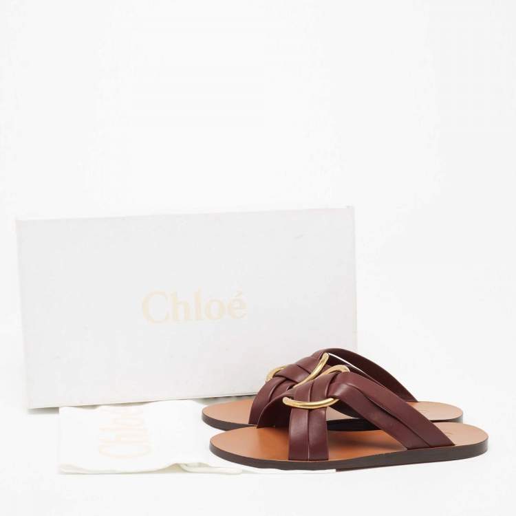 Pre Owned Chloe Burgundy Leather Rony Crisscross Flat Sandals Size 37