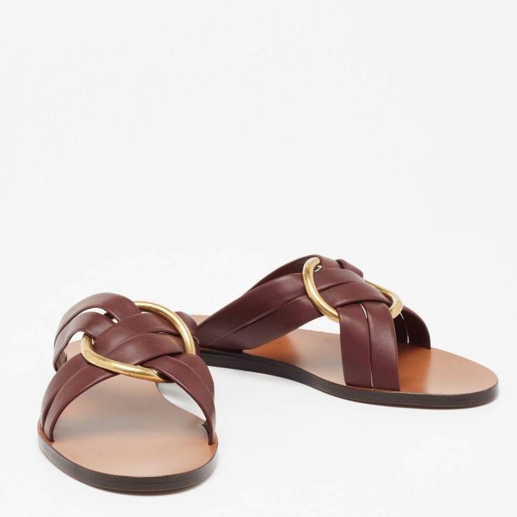 Pre Owned Chloe Burgundy Leather Rony Crisscross Flat Sandals Size 37