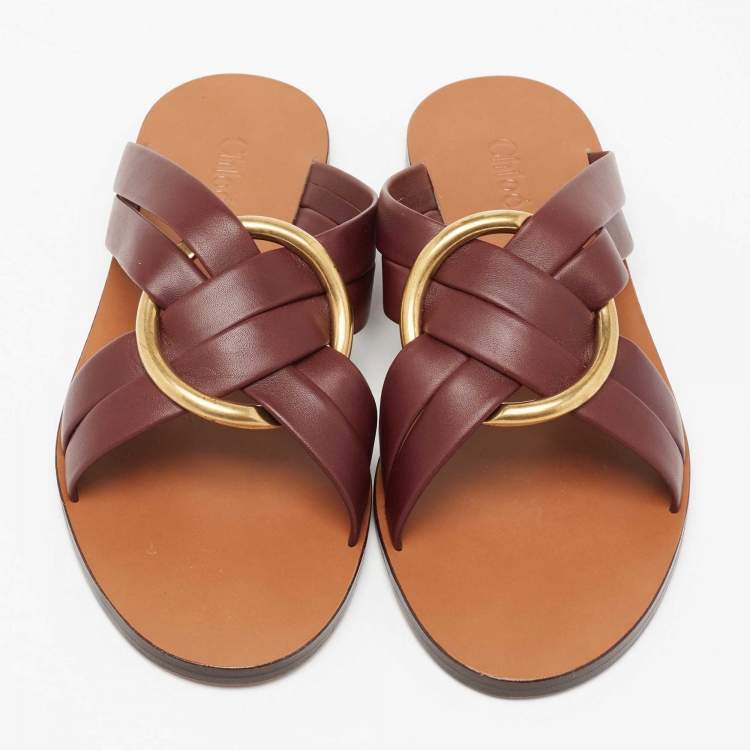 Pre Owned Chloe Burgundy Leather Rony Crisscross Flat Sandals Size 37