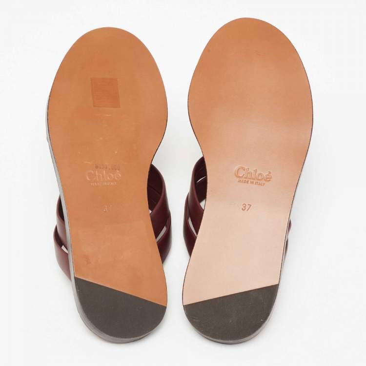 Pre Owned Chloe Burgundy Leather Rony Crisscross Flat Sandals Size 37