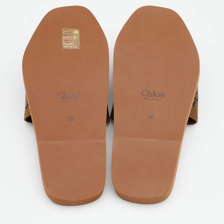 مملوكة مسبقًا Chloe Brown Canvas Logo Ribbon Woody Flat Sandals Size 35