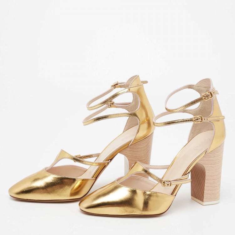 Pre Owned Chloe Gold Metallic Leather Block Heel Ankle-Strap Pumps Size 37