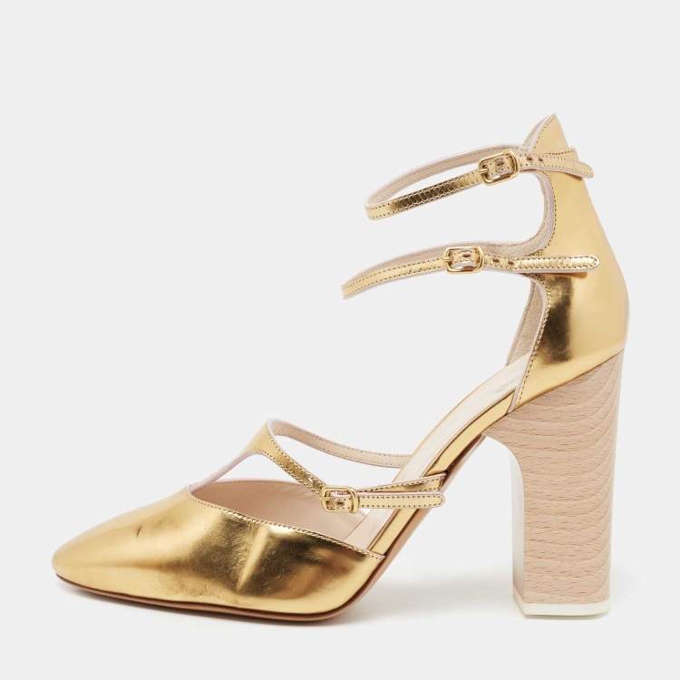 Pre Owned Chloe Gold Metallic Leather Block Heel Ankle-Strap Pumps Size 37