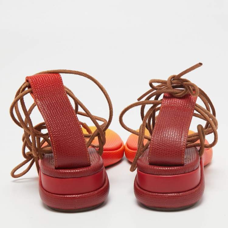 Pre Owned Chloe Multicolor Lizard Embossed Leather Thong Flat Ankle Wrap Sandals Size 36