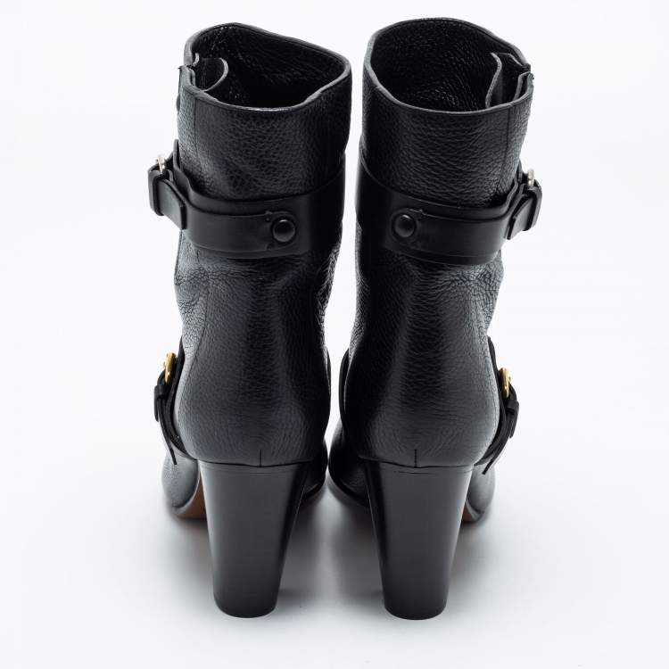 مملوكة مسبقًا Chloe Black Leather Mid-Calf Buckle Boots Size 39