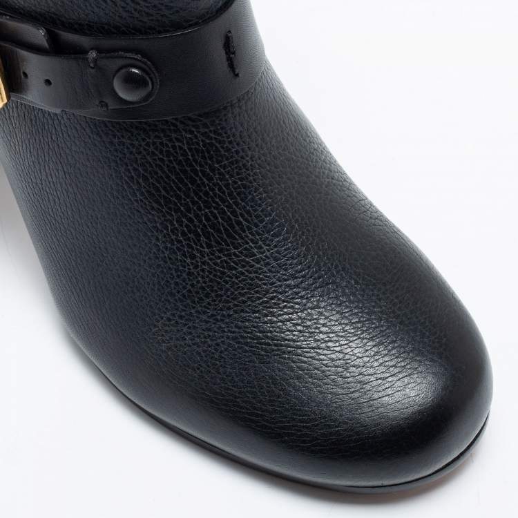 مملوكة مسبقًا Chloe Black Leather Mid-Calf Buckle Boots Size 39